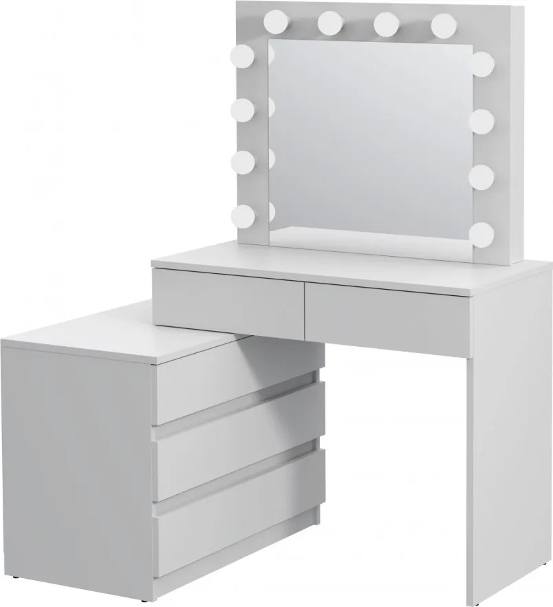 Masuta machiaj cu Oglinda LED si 5 Sertare pentru Cosmetice, Set Masa toaleta 130 cm, Alb, masuta cosmetica, vanity - SEA541