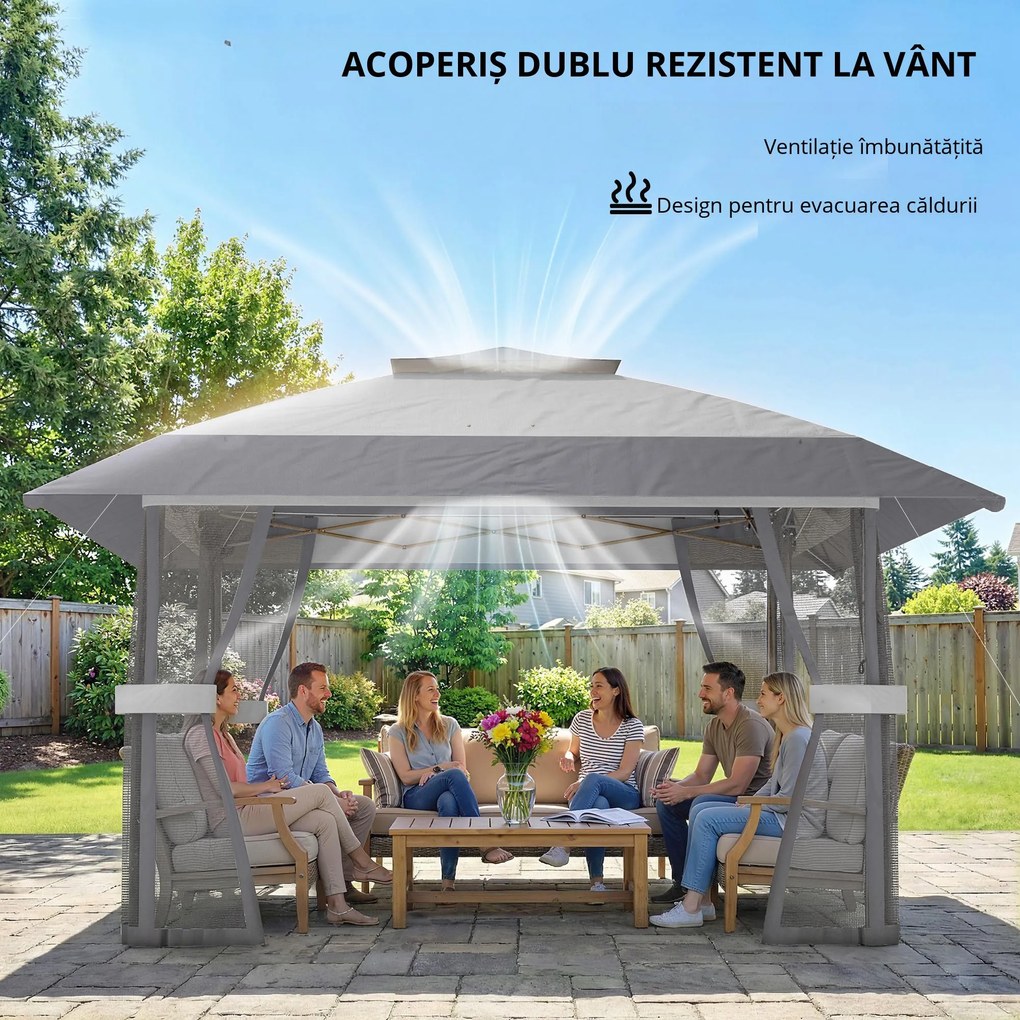 Outsunny Pavilion 4x4m Impermeabil Reglabil pe înălțime Pop-up Pavilion pliant cu dublu acoperiș 4 laterale din plasă, UV 30+Gri deschis | Aosom Romania