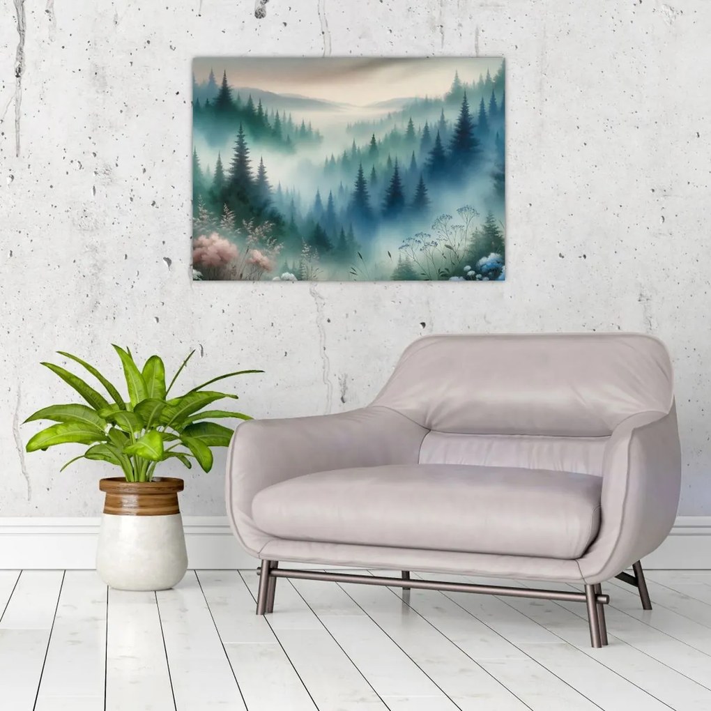 Tablou pe sticlă - Peisaj forestier cu ceață (70x50 cm)