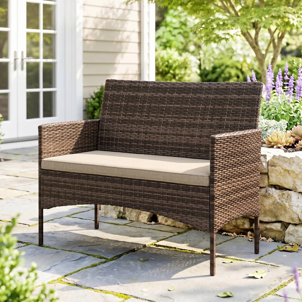 Outsunny Canapea de Grădină 2 Locuri cu Perne și Tampoane Antiderapante, din Ratan și Oțel, 115x63x85 cm, Bej | Aosom Romania