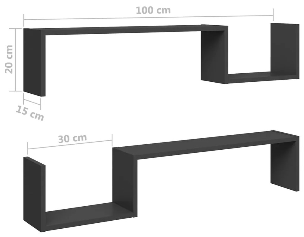 Rafturi de perete, 2 buc., gri, 100x15x20 cm, PAL 2, Gri