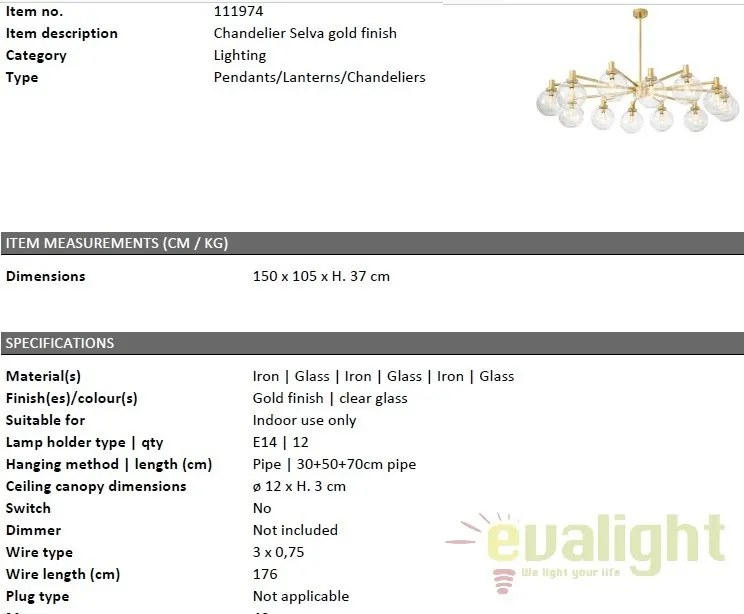 Candelabru design LUX cu 12 brate Selva auriu 111974 HZ