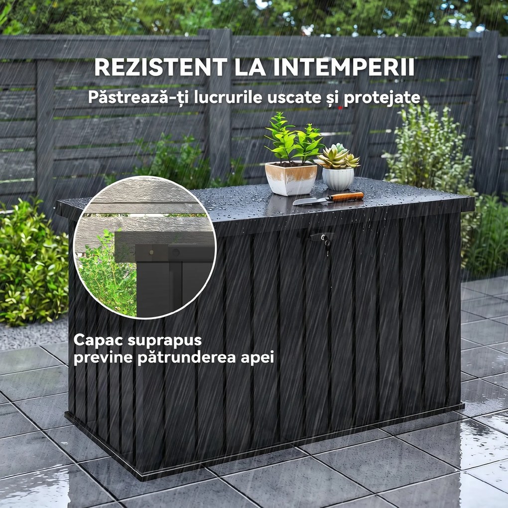 Outsunny Ladă de Depozitare Exterior 400L din Oțel Zincat, cu Încuietoare și 2 Chei, 124 x 66 x 72 cm, Negru | Aosom Romania