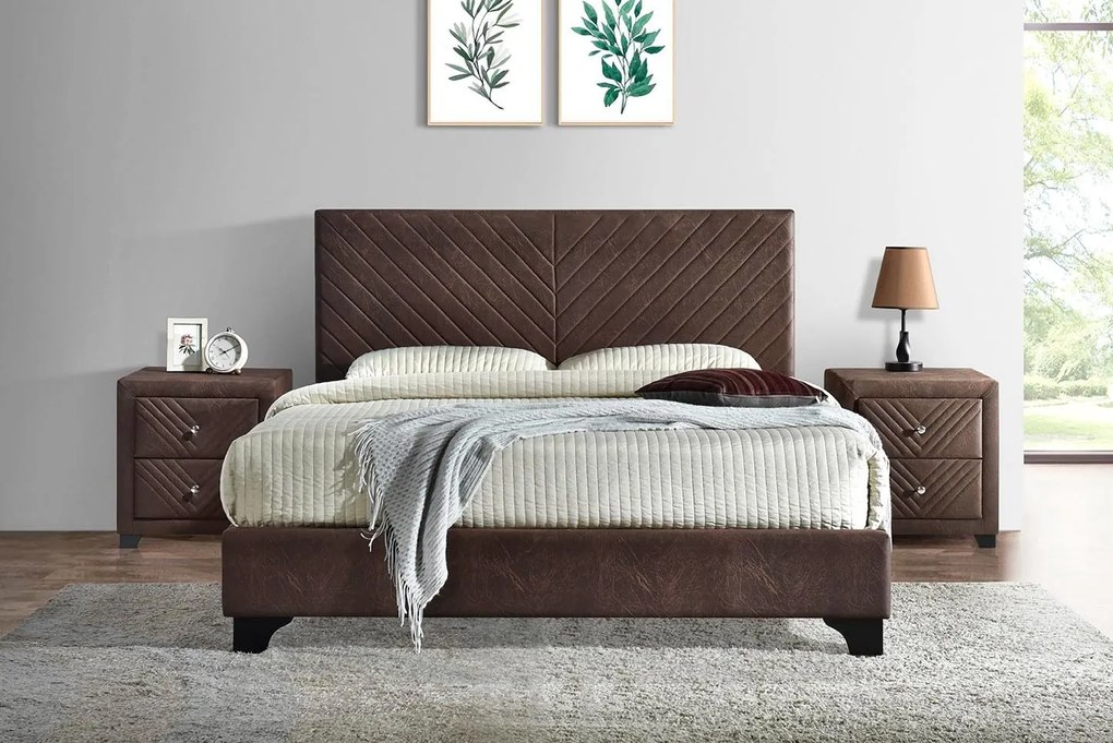 Pat Tapitat Kring 140x200 cm, cadru din lemn cu somiera fixa, Culoare Maro