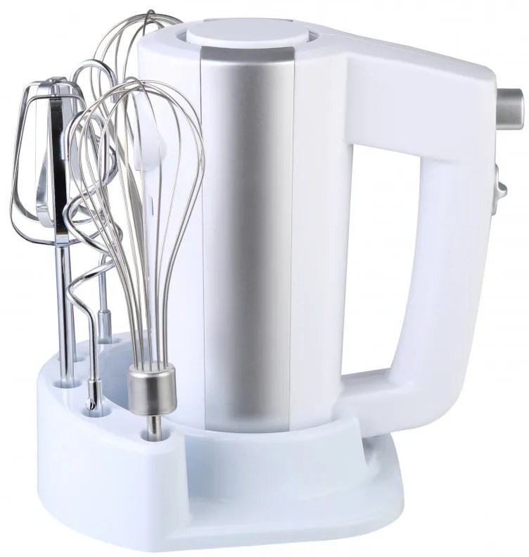 Mixer de mana Rosberg R51110KB, 300 W, 5 viteze + Turbo, Suport accesorii, Alb/Argintiu