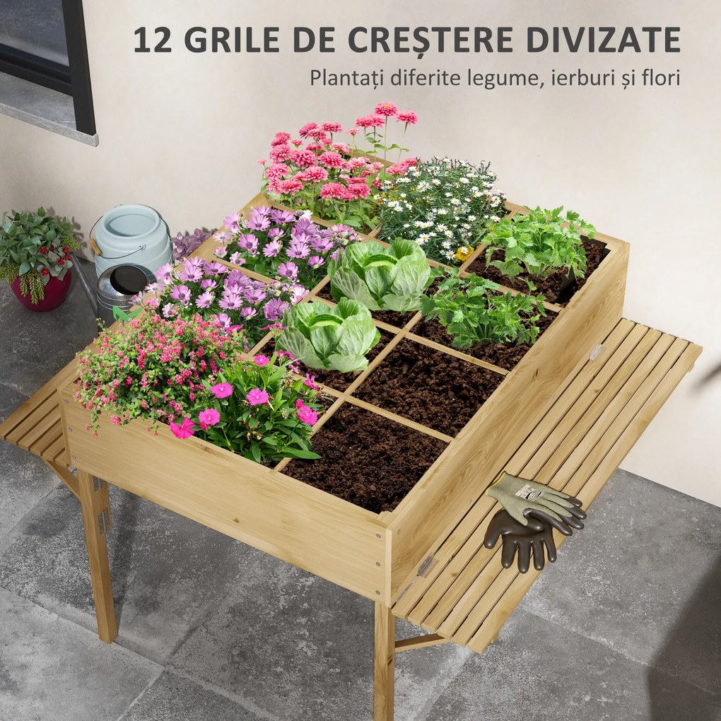 Outsunny Strat de Grădină Înălțat cu 12 Grile, Jardinieră Înălțată din Lemn cu Rafturi Laterale Pliabile, 122x91,5x89 cm, Lemn Natural | Aosom Romania