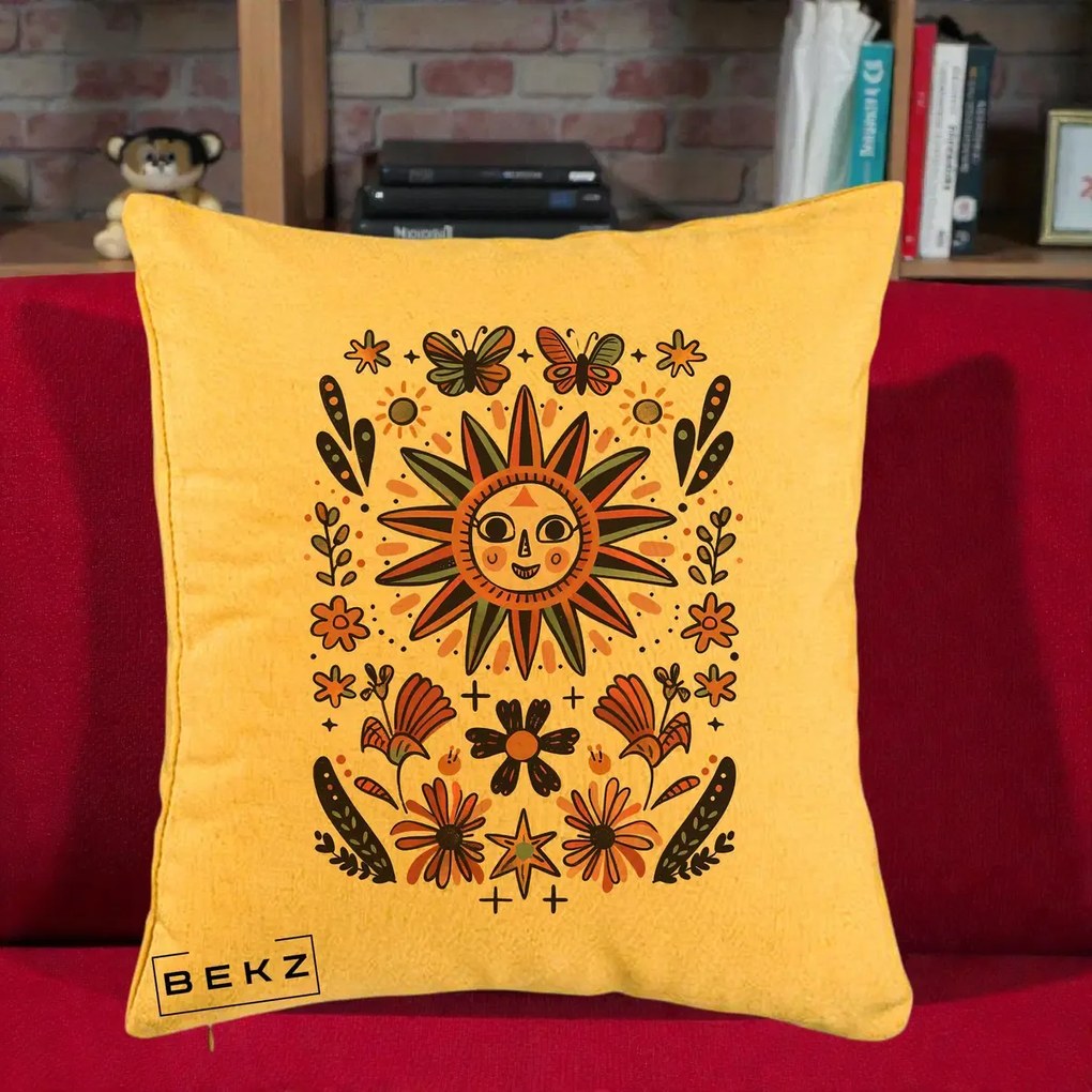 Perna Decorativa Soare Boho Folk Fluturi, 40x40 cm, Galben, Husa Detasabila, Perna Inclusa, BEKZ®