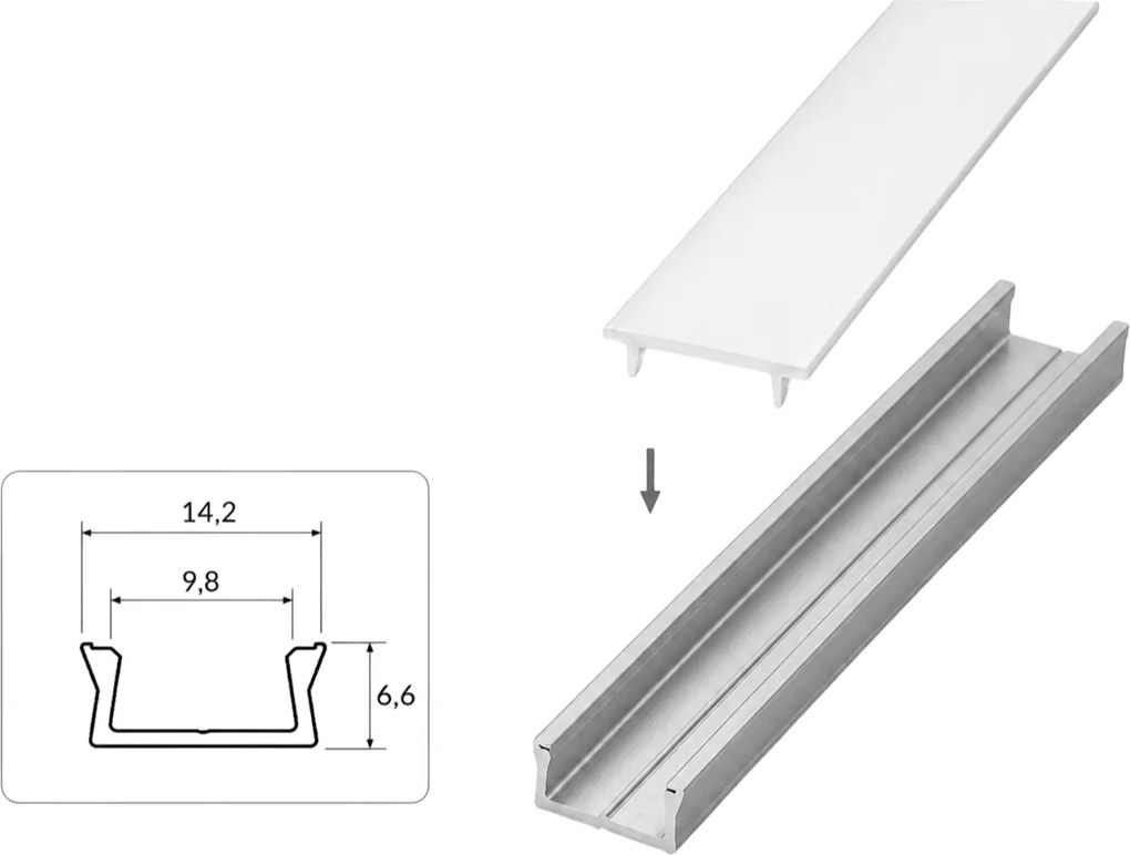 Set profil LED aplicat Glax Mini GTV, din aluminiu, negru mat, cu dispersor opac, 3 m Aluminiu, L:3000 mm; l:14.2 mm; H:6.6 mm, Negru Opac, Glax Mini,