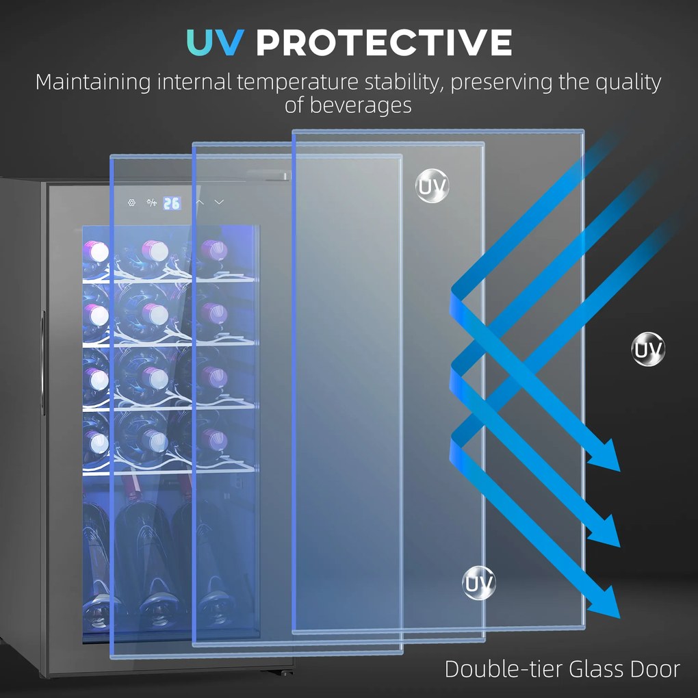 HOMCOM Frigider pentru Vinuri de 15 Sticle cu Geam Anti-UV, Compresor și Rafturi Reglabile, 34,5x45x69 cm, Negru | Aosom Romania