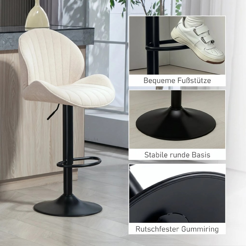 HOMCOM Set de 2 Scaune de Bar cu Suport pentru Picioare, din Țesătură cu Efect de Cinilie, 48x50x94-115 cm, Negru și Bej | Aosom Romania