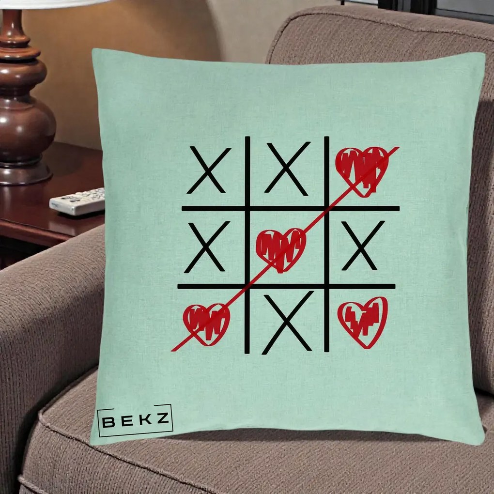 Cadou Romantic - Perna Personalizata Love Joc X si Inima cu Castigator Iubire, 40x40 cm, Verde Menta, Husa Detasabila, Perna Inclusa, BEKZ®