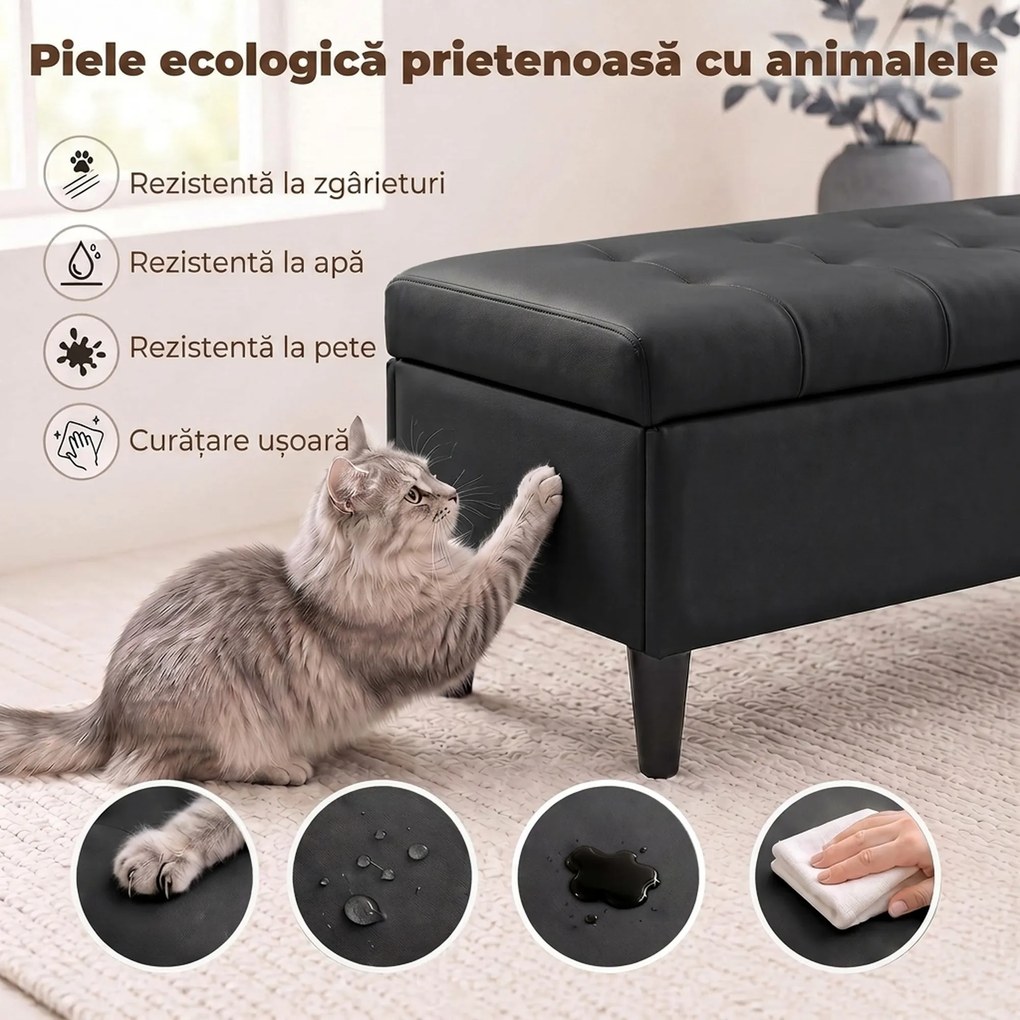 HOMCOM Bancă cu depozitare 136 L, taburet cu ladă 110x41x42 cm, piele ecologică pet-friendly, negru | Aosom Romania