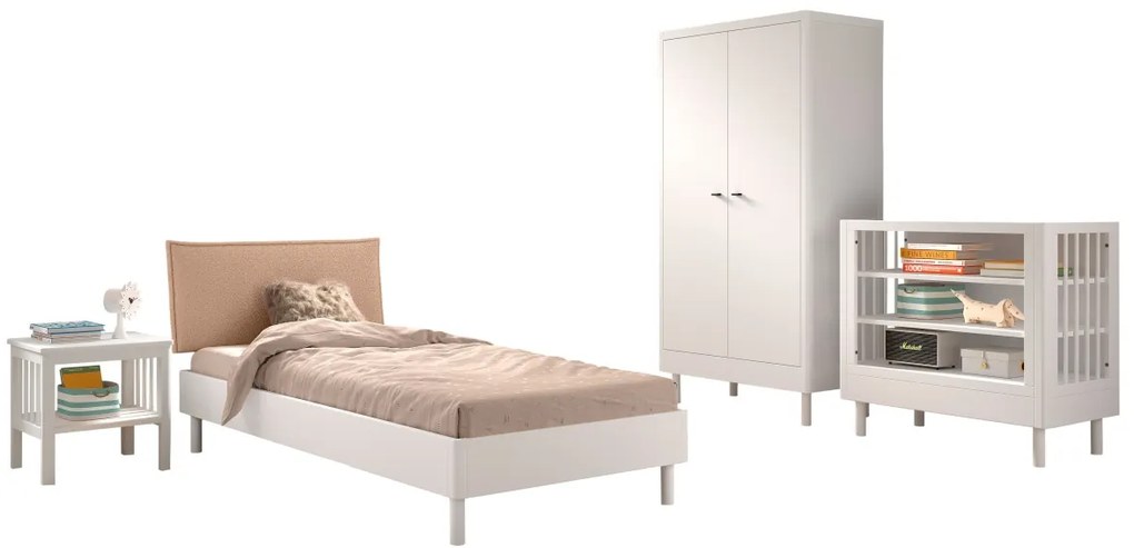 Set Complet Mobilier Camera Copii Forrest Beech, Pat 90x200 cm, Dulap cu 2 Uși, Noptieră și Masă de Înfășat, din Lemn Masiv de Fag, Alb – Vipack