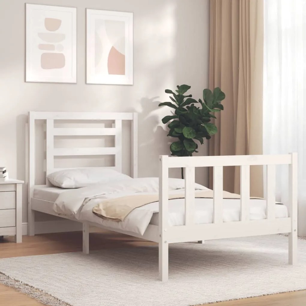 3192847 vidaXL Cadru de pat cu tăblie single, alb, lemn masiv