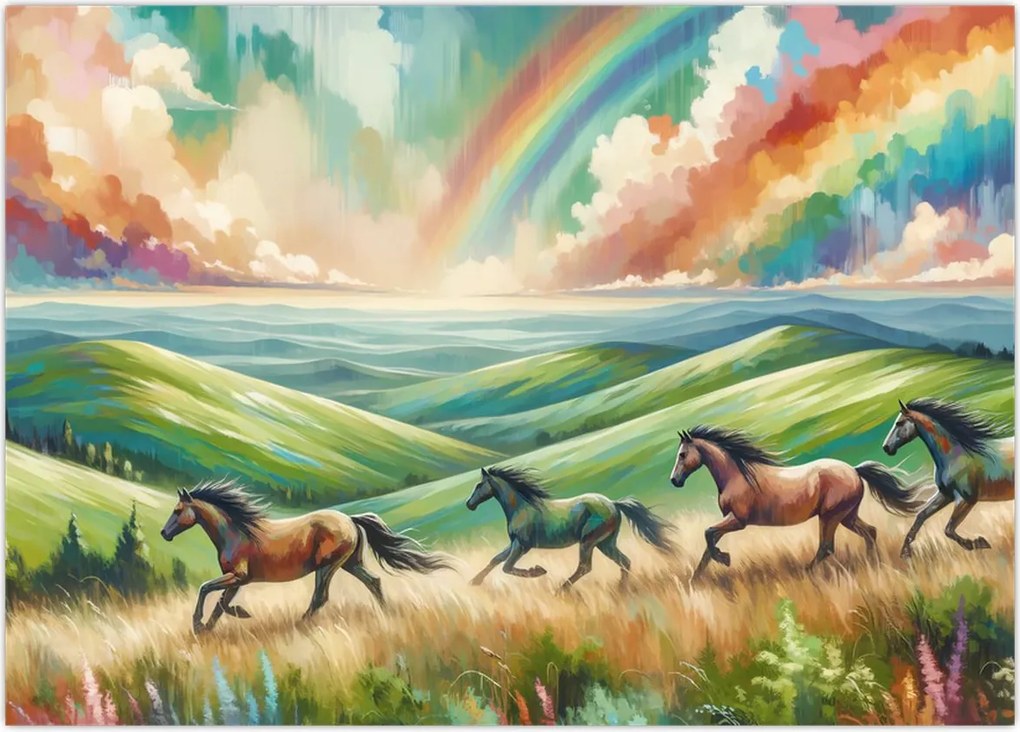 Tablou pe sticlă – Cai galopând prin peisaj (70x50 cm)