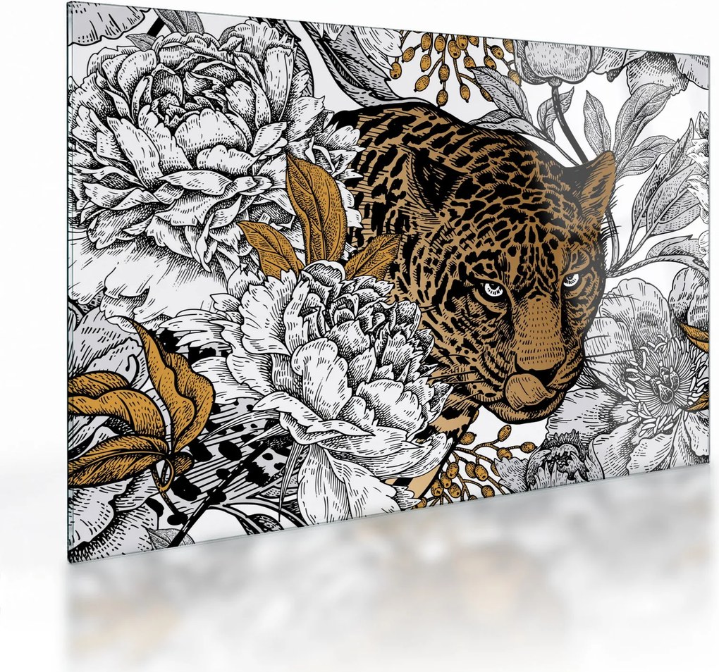 Tablou pe sticlă - Leopard între flori (70x50 cm)