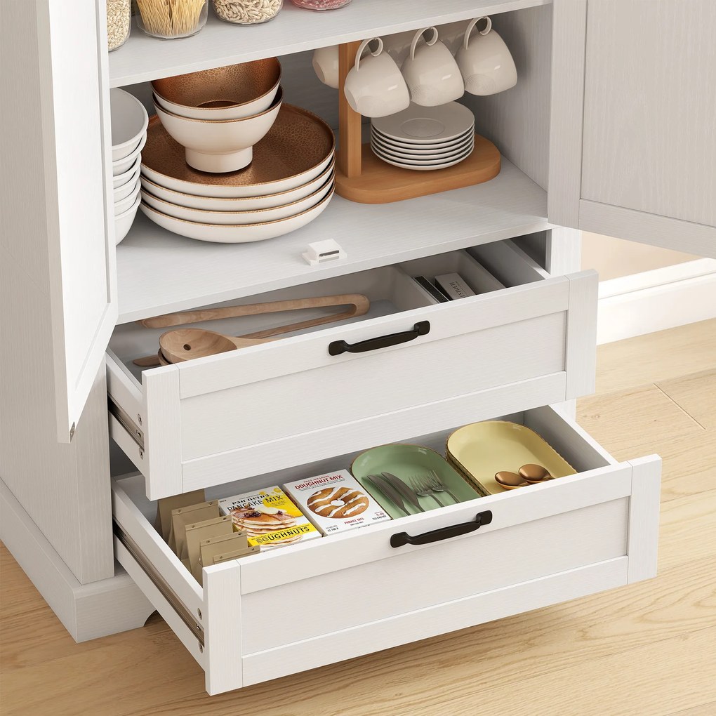 HOMCOM Bufet înalt pentru bucătărie, dulap de bucătărie cu 2 uși, 2 sertare, rafturi reglabile, stil rustic, 76x40x180cm, alb | Aosom Romania