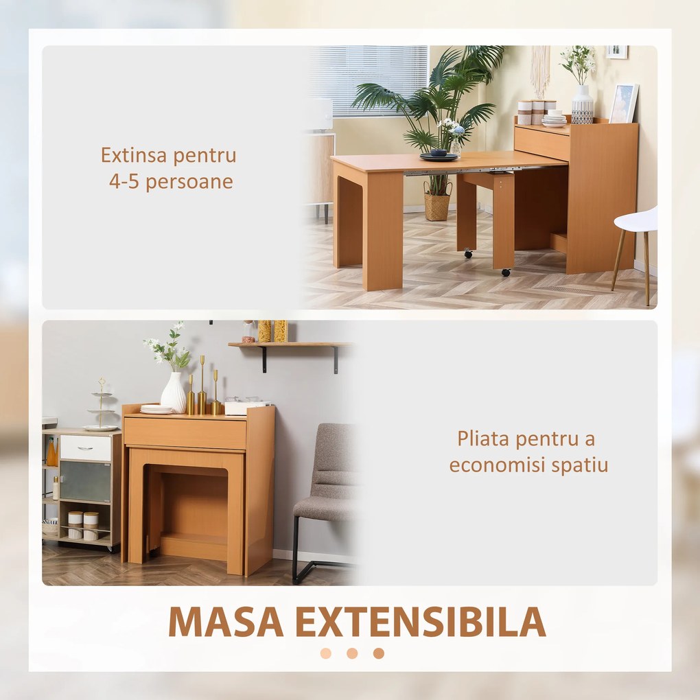 HOMCOM Masă de Sufragerie Pliabilă și Extensibilă, Design Modern pentru Spații Mici, Bucătărie, Finisaj Natural | Aosom Romania