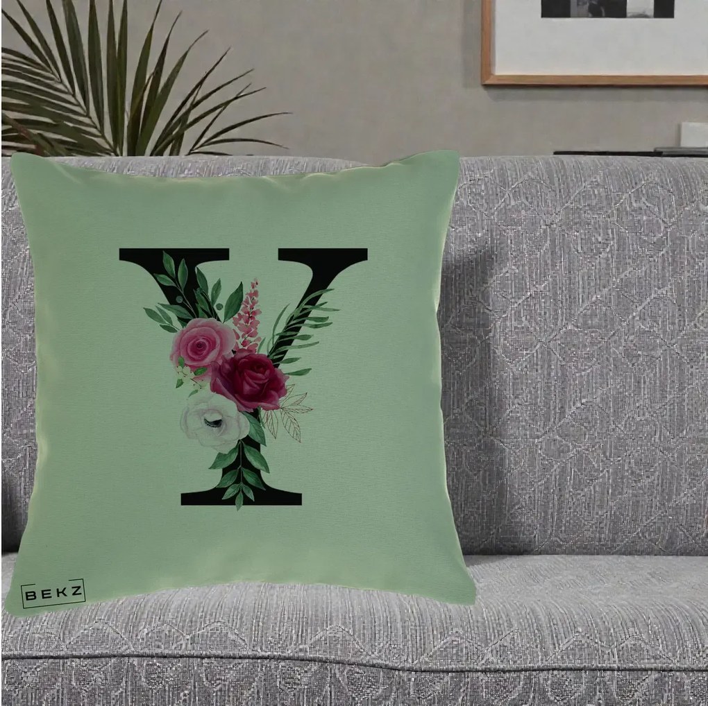 Cadou Personalizat - Perna Personalizata Monograma Florala Litera Y cu Buchet, 40x40 cm, Verde, Husa Detasabila, Perna Inclusa, BEKZ®