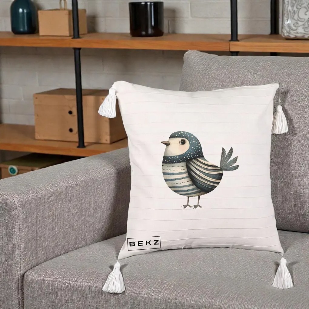 Perna Decorativa Pasare Teal Decorativa Dungata, 40x40 cm, Bej cu Franjuri, Husa Detasabila, Perna Inclusa, BEKZ®