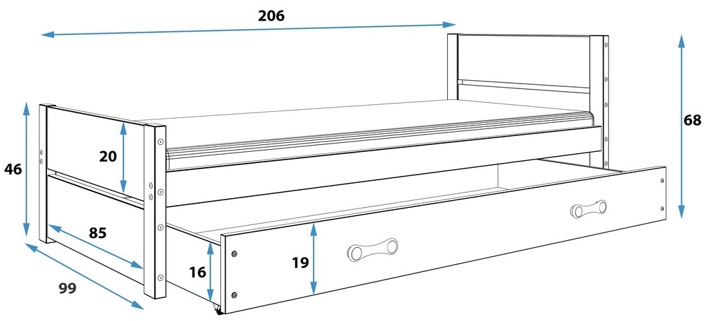 Supermobel Pat pentru copii BARTEK, 90x200, alb + sPatiu depozitare + saltea + somiera