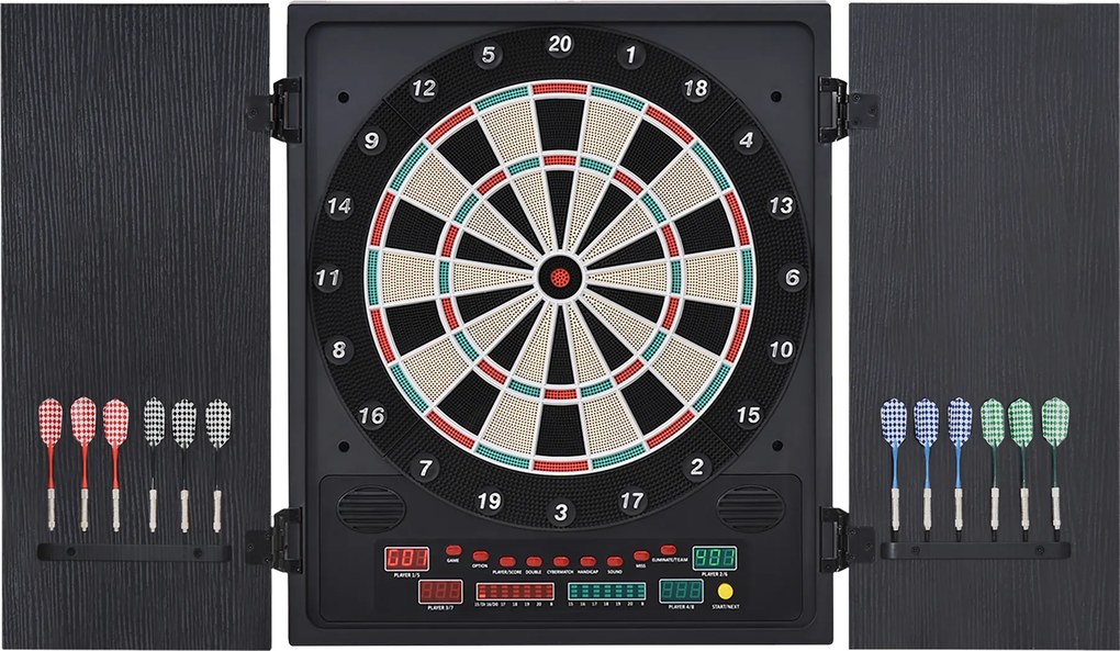HOMCOM Tabla de Darts Electronică Profesională cu 6 Display-uri, 12 Săgeți, 27 Moduri de Joc, 51x6.5x57cm, Negru | Aosom Romania