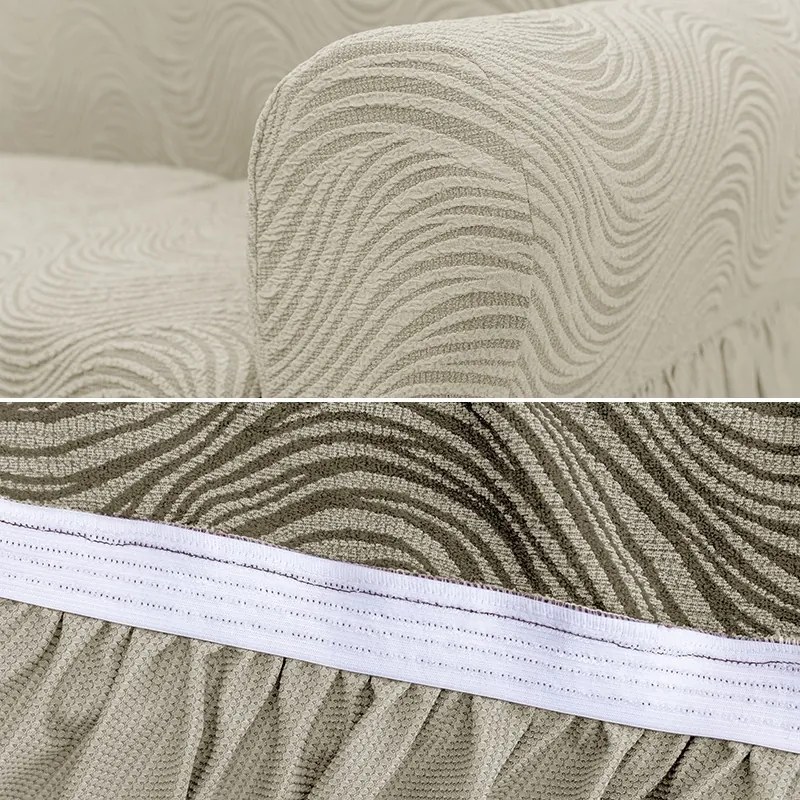 Set 2 Huse elastice pentru fotolii, cu volanas si model Jacquard Bej deschis in dungi