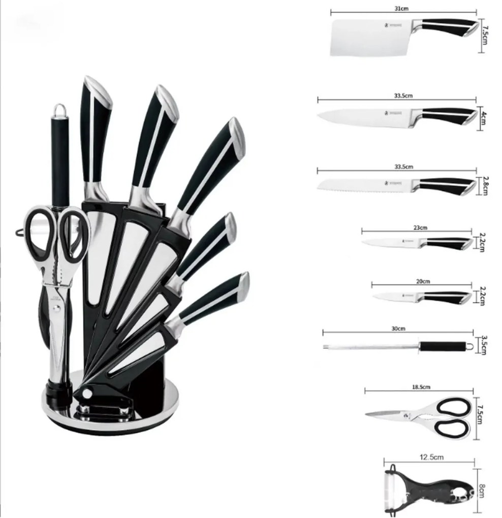 Set cutite 8 piese inox, cu suport Royalty Line KSS700, manere negre