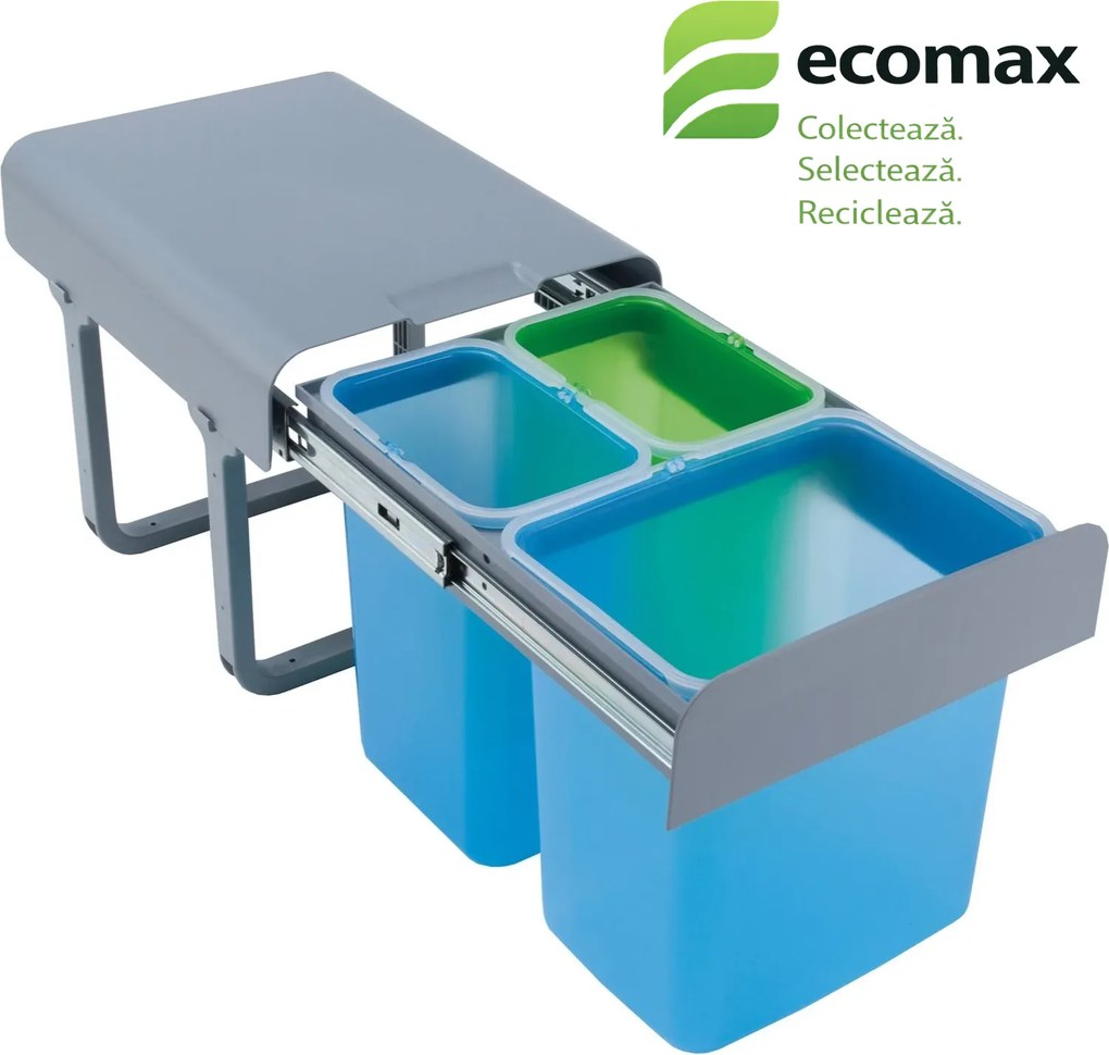 Cos gunoi incorporabil Ekko 40 Ecomax, cu extragere totala, colectare selectiva, 1 x 16 l + 2 x 8 l Polipropilena, Albastru Verde Galben, 400 mm,