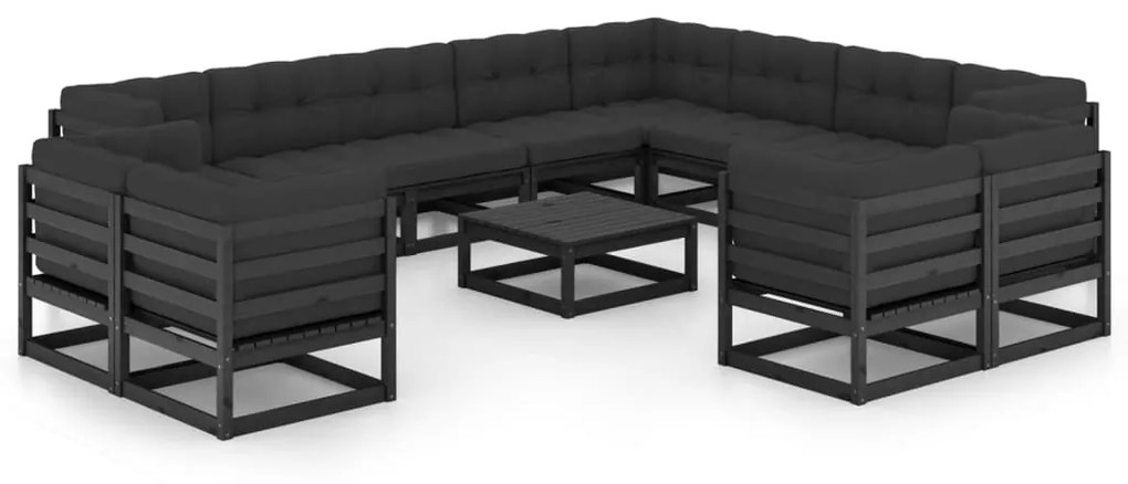 3077013 vidaXL Set mobilier grădină cu perne, 13 piese, negru, lemn masiv pin