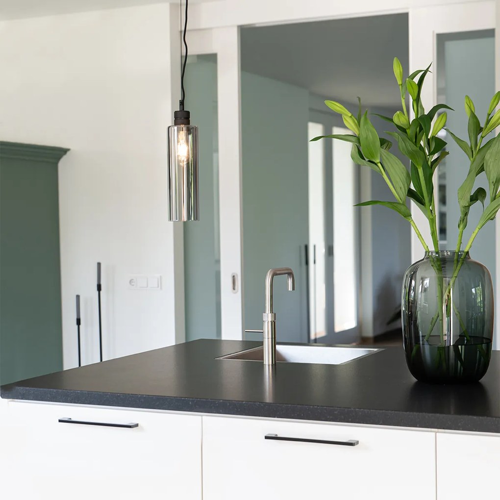 Lampă modernă cu pandantiv neagră cu sticlă fumurie - Stavelot