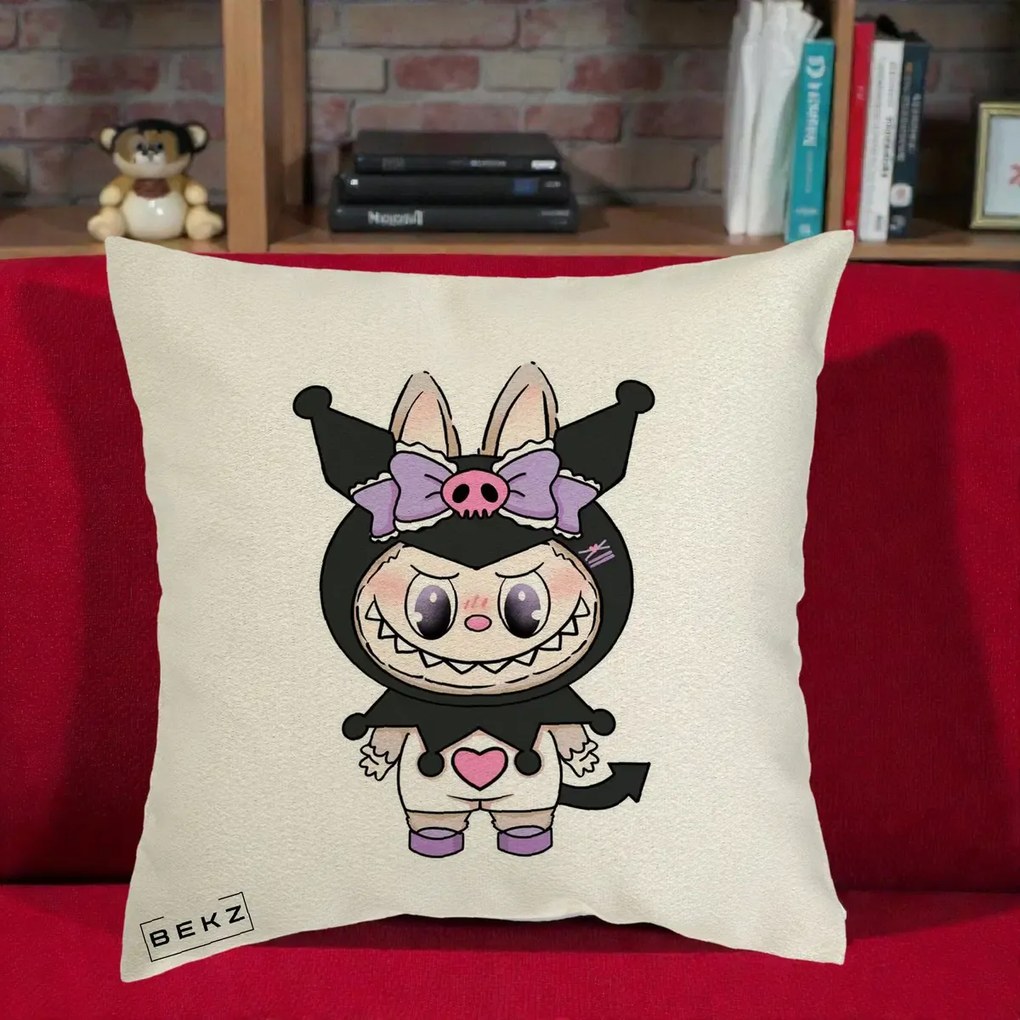 Perna Personalizata Labubu x Kuromi, 40x40 cm, Ecru, Husa Detasabila, Perna Inclusa, BEKZ®
