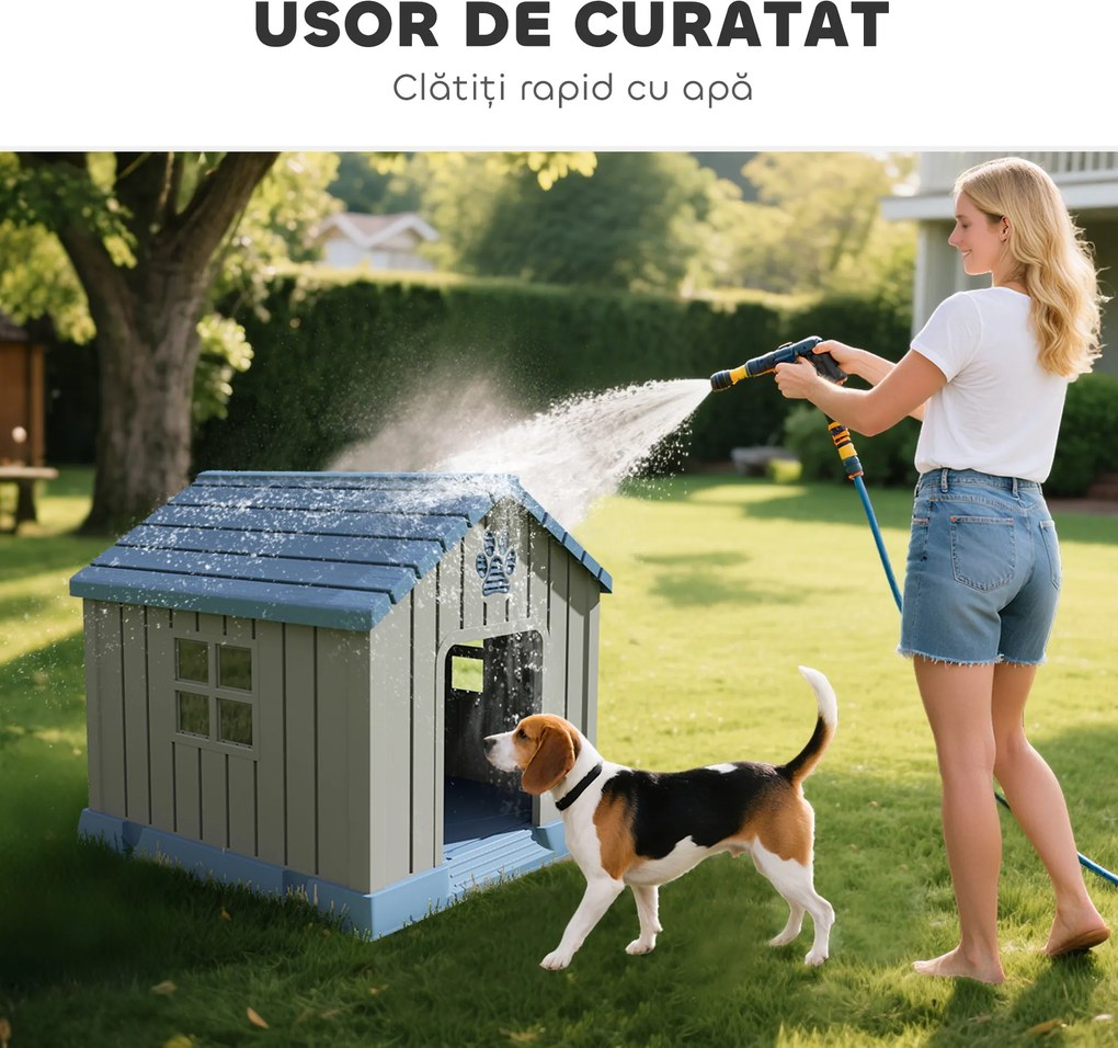 PawHut Căsuță pentru Câini din Plastic pentru Exterior, Impermeabilă, pentru Câini de Talie Medie cu Bază Ridicată, Ferestre și Acoperiș pentru Grădină, Patio, Terasă, Casă și Interior, 85x79x82 cm, Gri | Aosom Romania