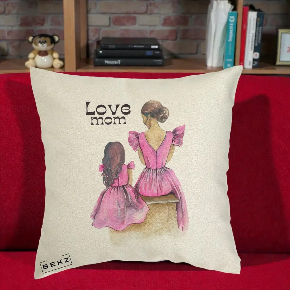 Cadou pentru Mama - Perna Personalizata Love Mom Rochii Roz, 40x40 cm, Ecru, Husa Detasabila, Perna Inclusa, BEKZ®