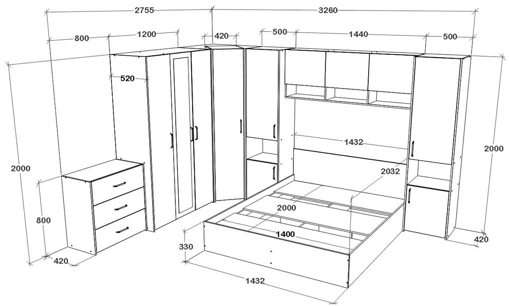 Set dormitor Malmo haaus V6, Pat 200 x 140 cm, Stejar Alb/Antracit