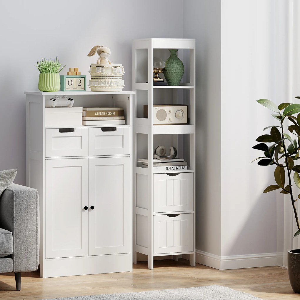 HOMCOM Mobilier de Baie cu 3 Rafturi Deschise și 2 Sertare, 30x30x141.2 cm, Alb | Aosom Romania
