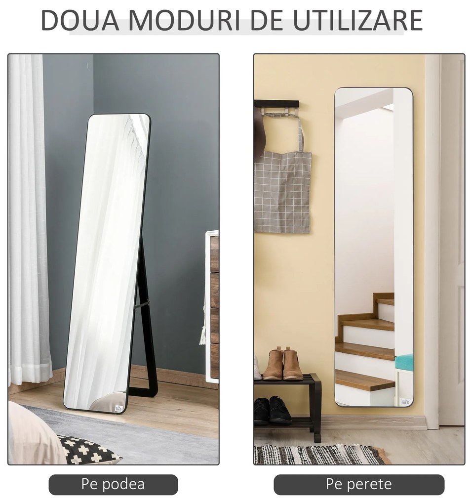 HOMCOM Oglindă de Podea sau Perete cu Cadru din Lemn, Oglindă cu Suport, Pliabil cu Balama, 37x43x156 cm, Nuc | Aosom Romania