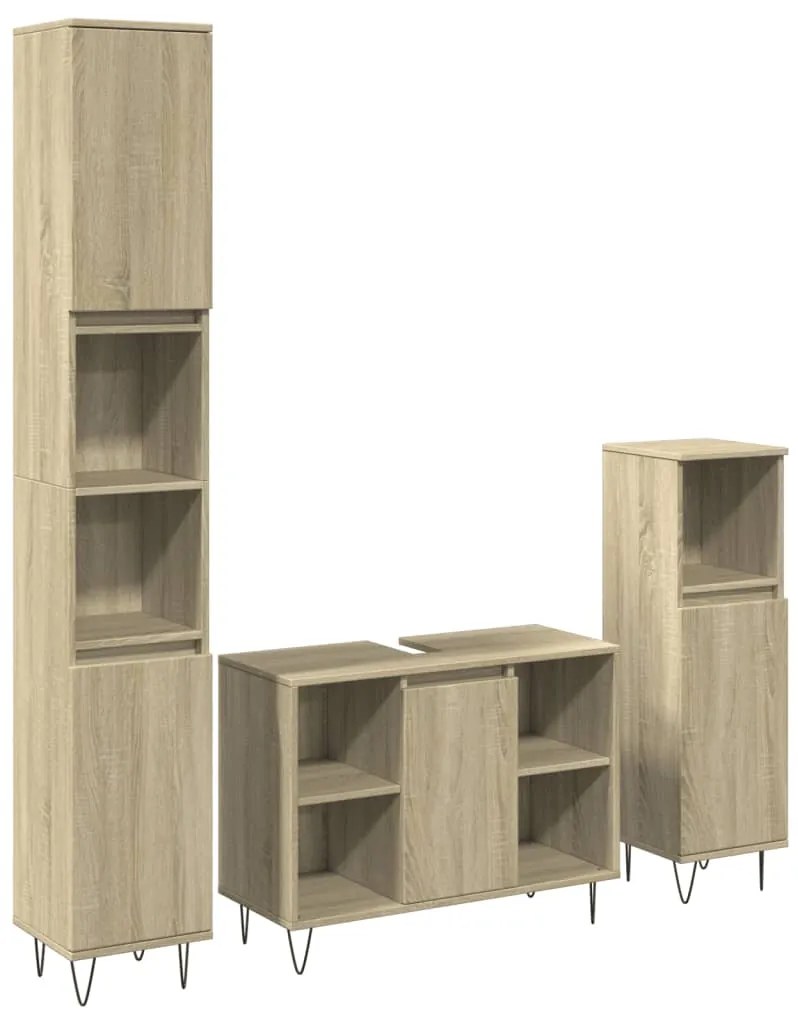 3307680 vidaXL Set mobilier de baie, 3 piese, stejar sonoma, lemn prelucrat