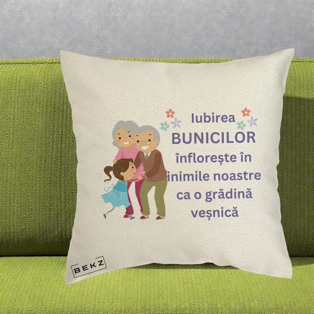 Perna personalizata bunici: Iubirea bunicilor, cu nepoata, text mov, 40x40 cm cu Umplutura, Ecru, BEKZ