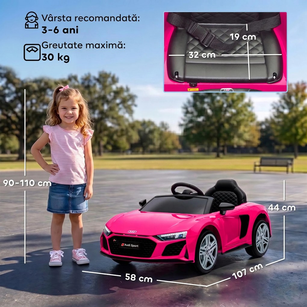 AIYAPLAY Mașinuță Electrică pentru Copii 12V Audi R8 Spyder, 3+ Ani, 3-5 km/h, cu 2 Motoare și Telecomandă, Roz | Aosom Romania