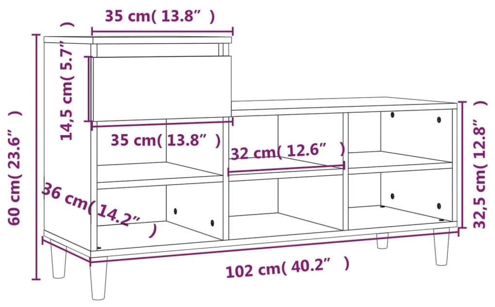 Pantofar, stejar fumuriu, 102x36x60 cm, lemn prelucrat Stejar afumat, 1