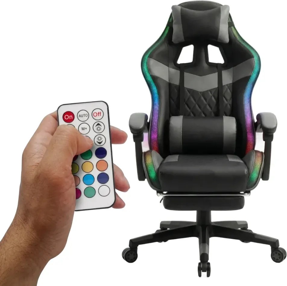 RESIGILAT- Scaun gaming, sistem iluminare bandă LED RGB, masaj în perna lombară, suport picioare, Negru/Gri