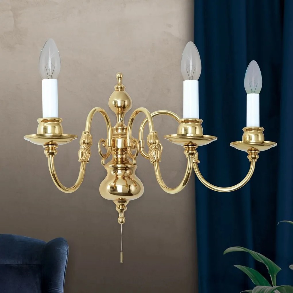 Aplica de perete cu 3 brate design clasic FLAMISCH, alama lucioasa