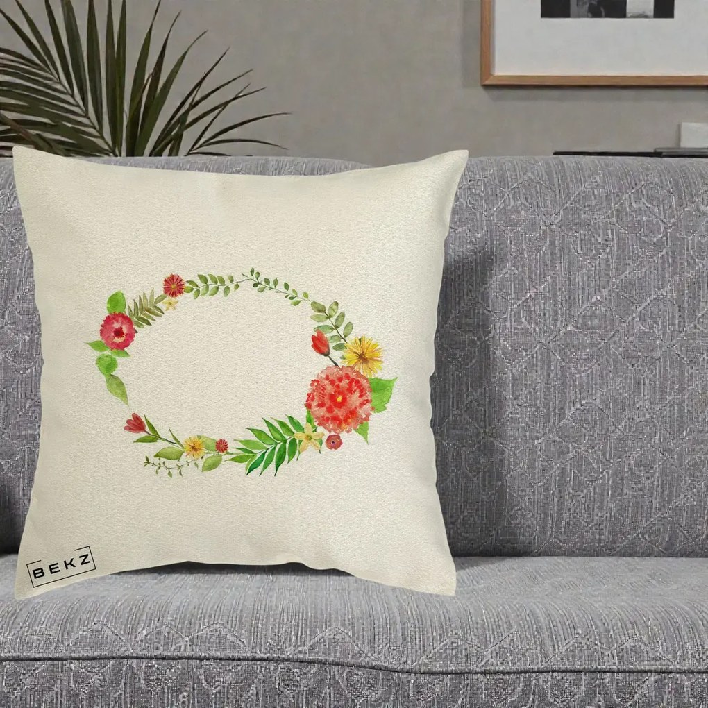 Perna Decorativa Coroana Florala Acuarela, 40x40 cm, Ecru, Husa Detasabila, Perna Inclusa, BEKZ®