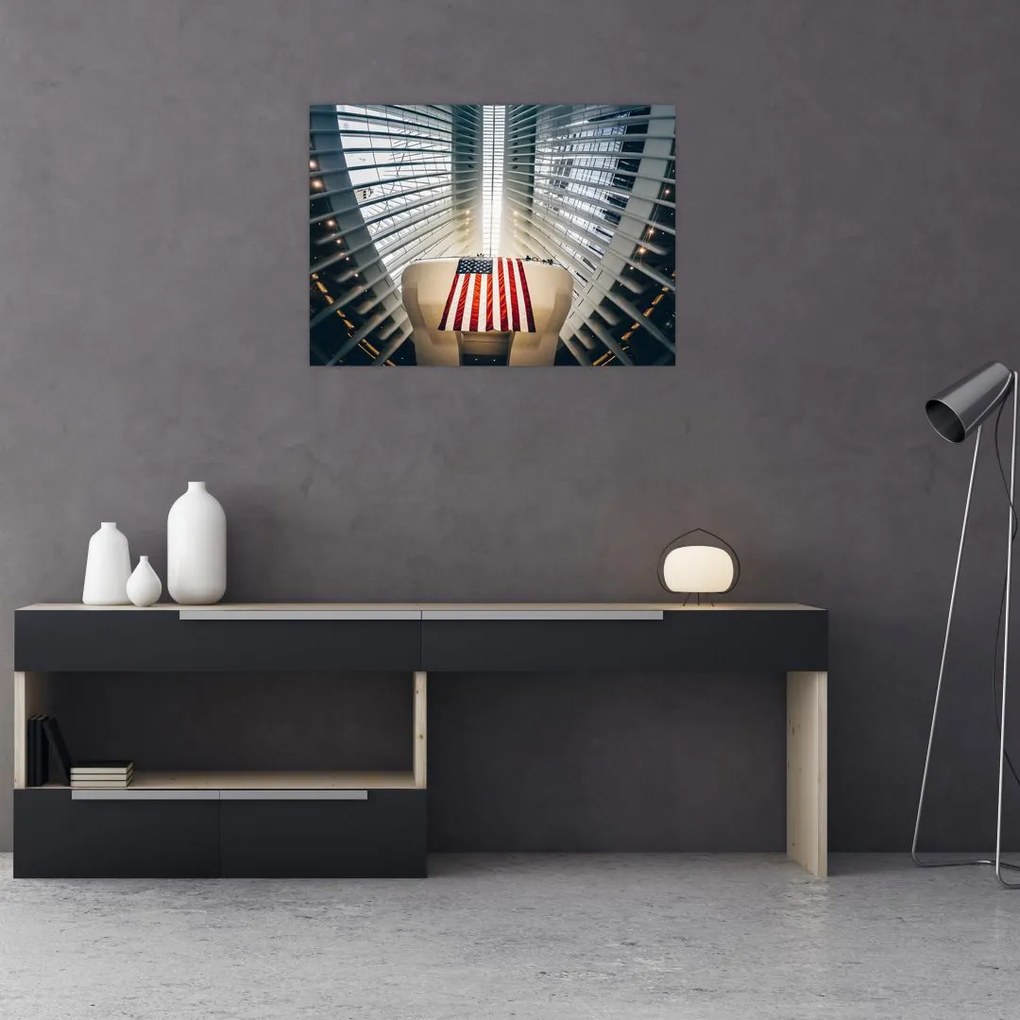 Tablou unei construcții cu steagul SUA (70x50 cm)