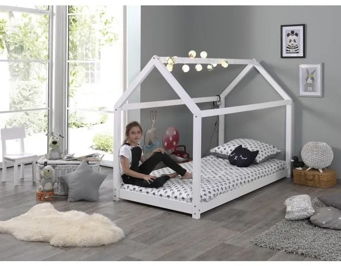 Pat Căsuță , Alb, 90 x 200 cm (Pin Masiv) – CABANE – Vipack