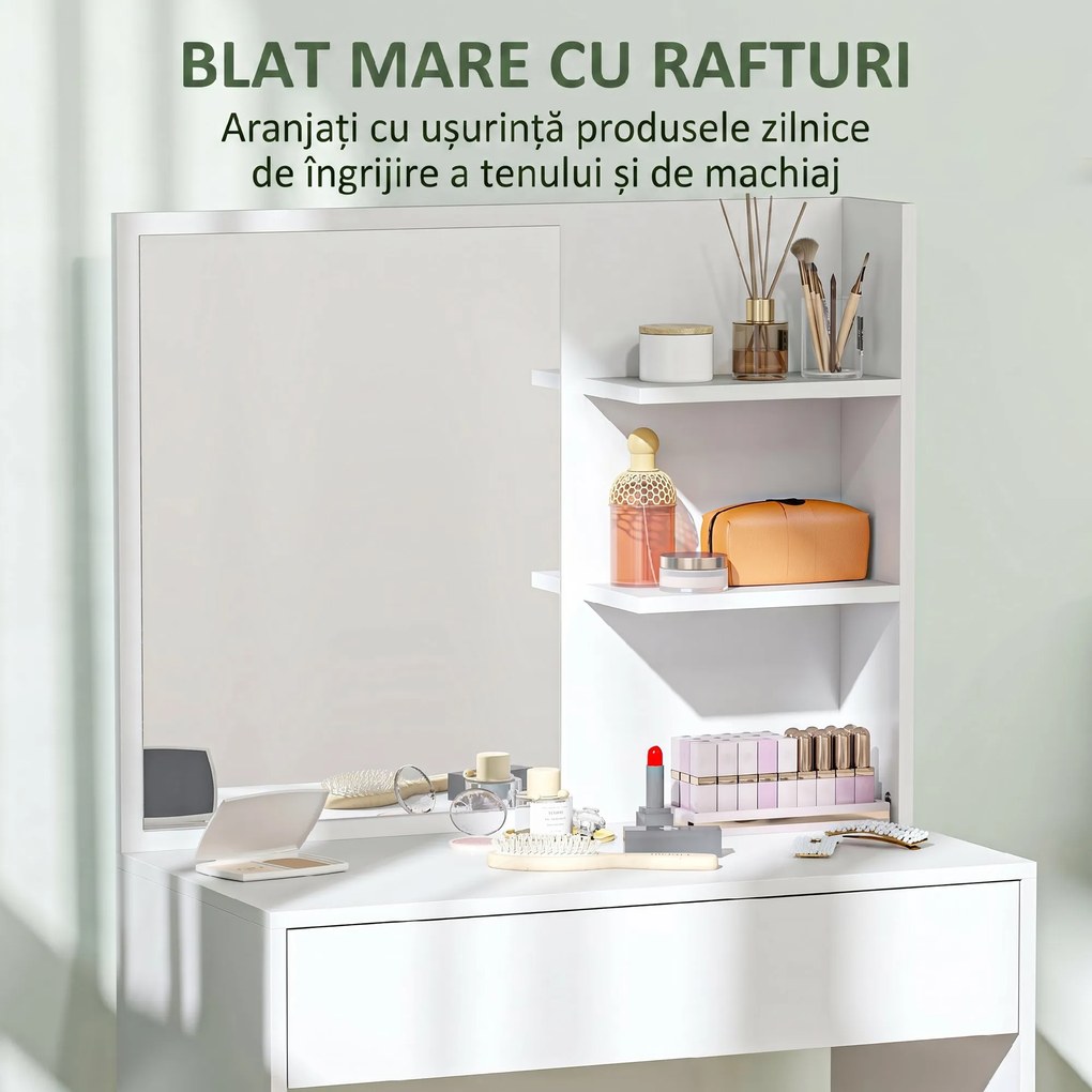 HOMCOM Masă de machiaj cu oglindă, 3 rafturi în colț și sertar, din lemn și sticlă, 75x40x137 cm, Alb | Aosom Romania