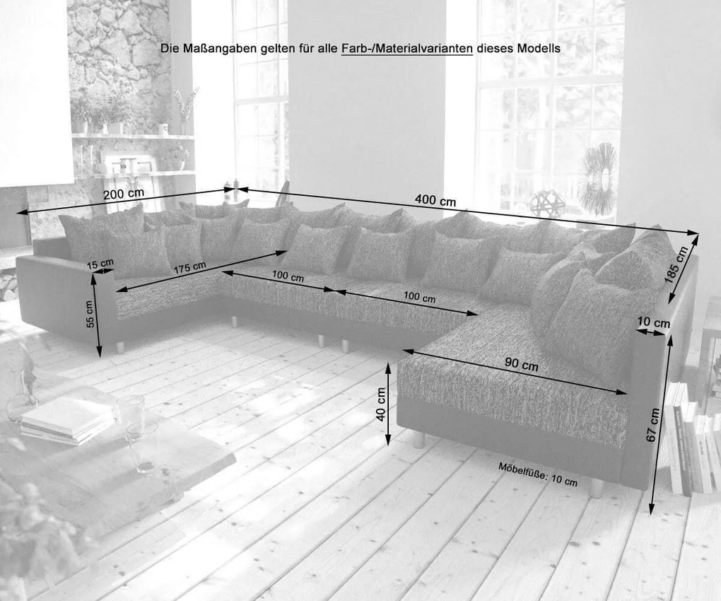 Colțar U XXL cu taburet inclus Justin Grey 400x200 cm