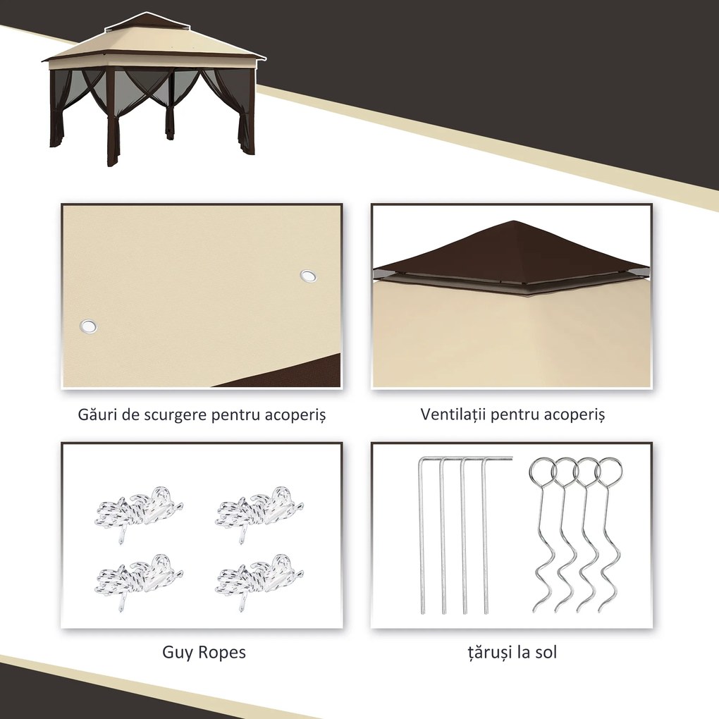 Outsunny Foisor Pop Up 3x3m Cu Plasa Si Geanta De Transport, Cort De Petrecere Reglabil In Inaltime Si Rezistent UV, Bej
