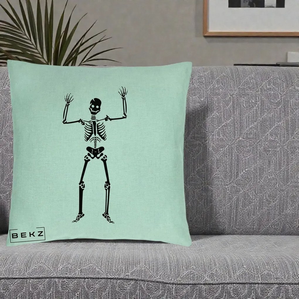 Perna Decorativa Halloween Schelet Dansator, 40x40 cm, Verde Menta, Husa Detasabila, Perna Inclusa, BEKZ®